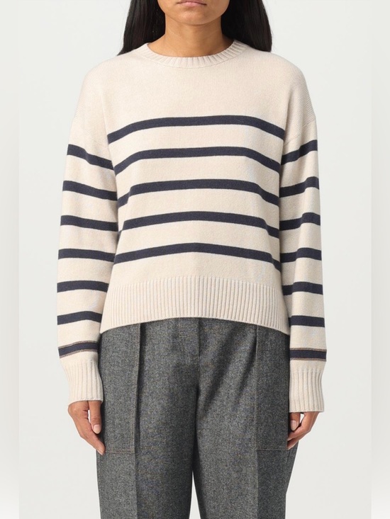 Brunello Cucinelli Sweaters - Brunello Cucinelli Beige striped cashmere sweater with monil chain